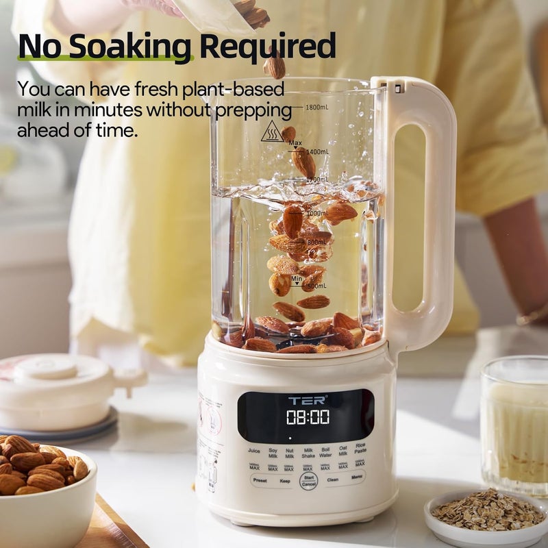 TER Nut Milk Maker Machine, 10-in-1 Soy Milk Maker for Almond/Oat/Soy Milk, Juice, Milkshake, Rice Paste, Auto Clean/24H Preset Time/12H Keep Warm, with 7 Accessories, Beige - Image 2